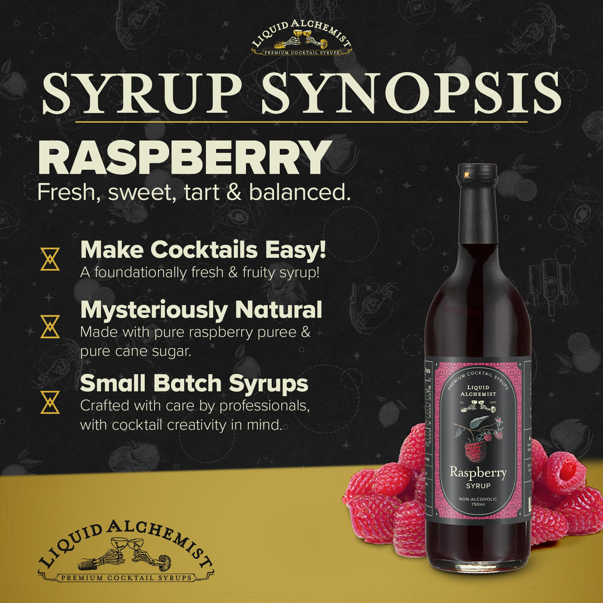 Liquid Alchemist Raspberry Syrup cocktail setup with glass and lime