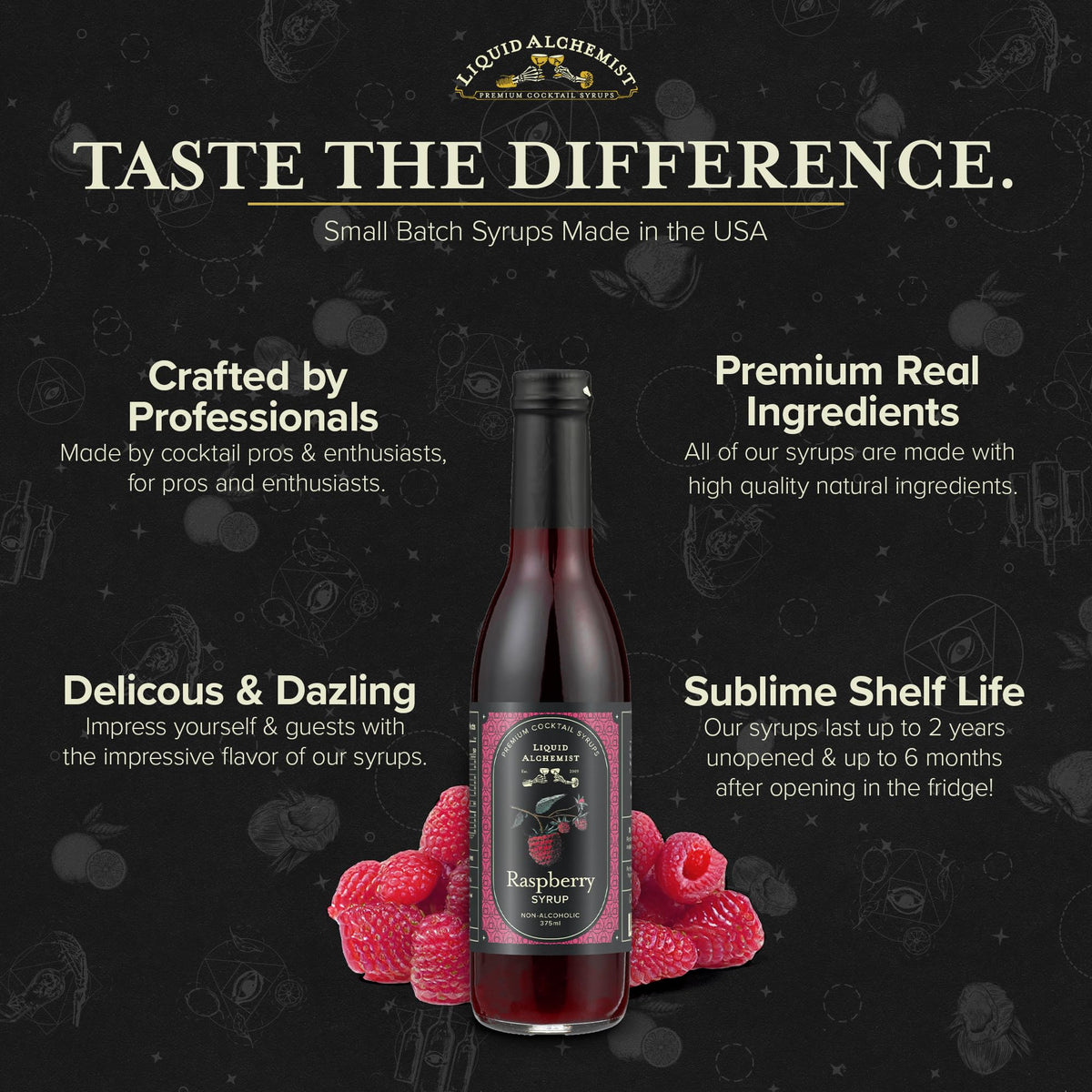 Mocktail setup using Liquid Alchemist Raspberry Syrup for a fruity non-alcoholic option.
