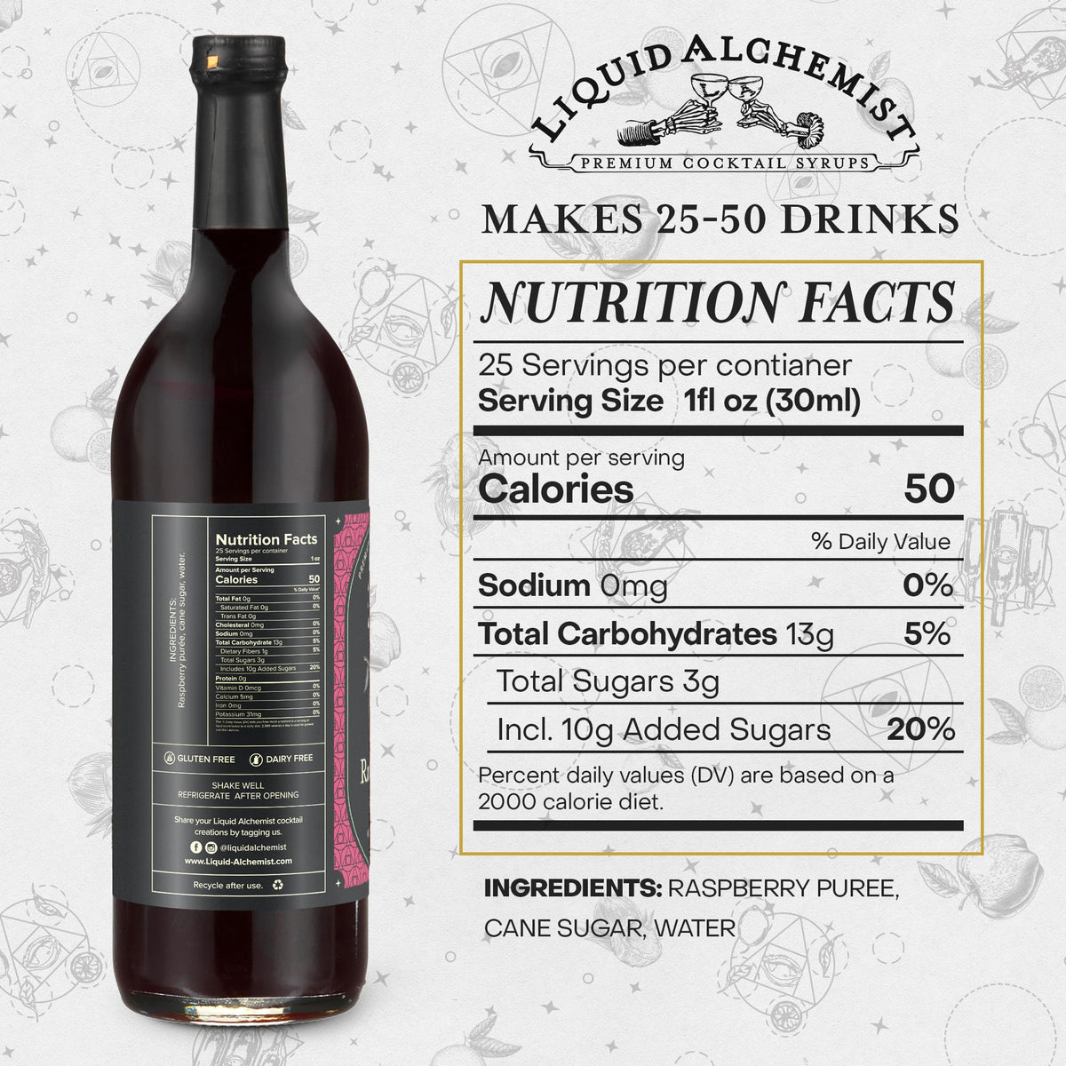Liquid Alchemist Raspberry Syrup pour showing pouring motion with vibrant red drizzle for drinks