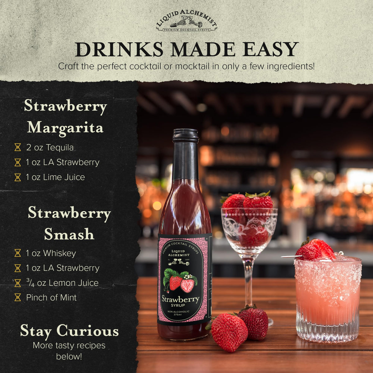 Liquid Alchemist Strawberry Syrup glass cocktail with vibrant red color