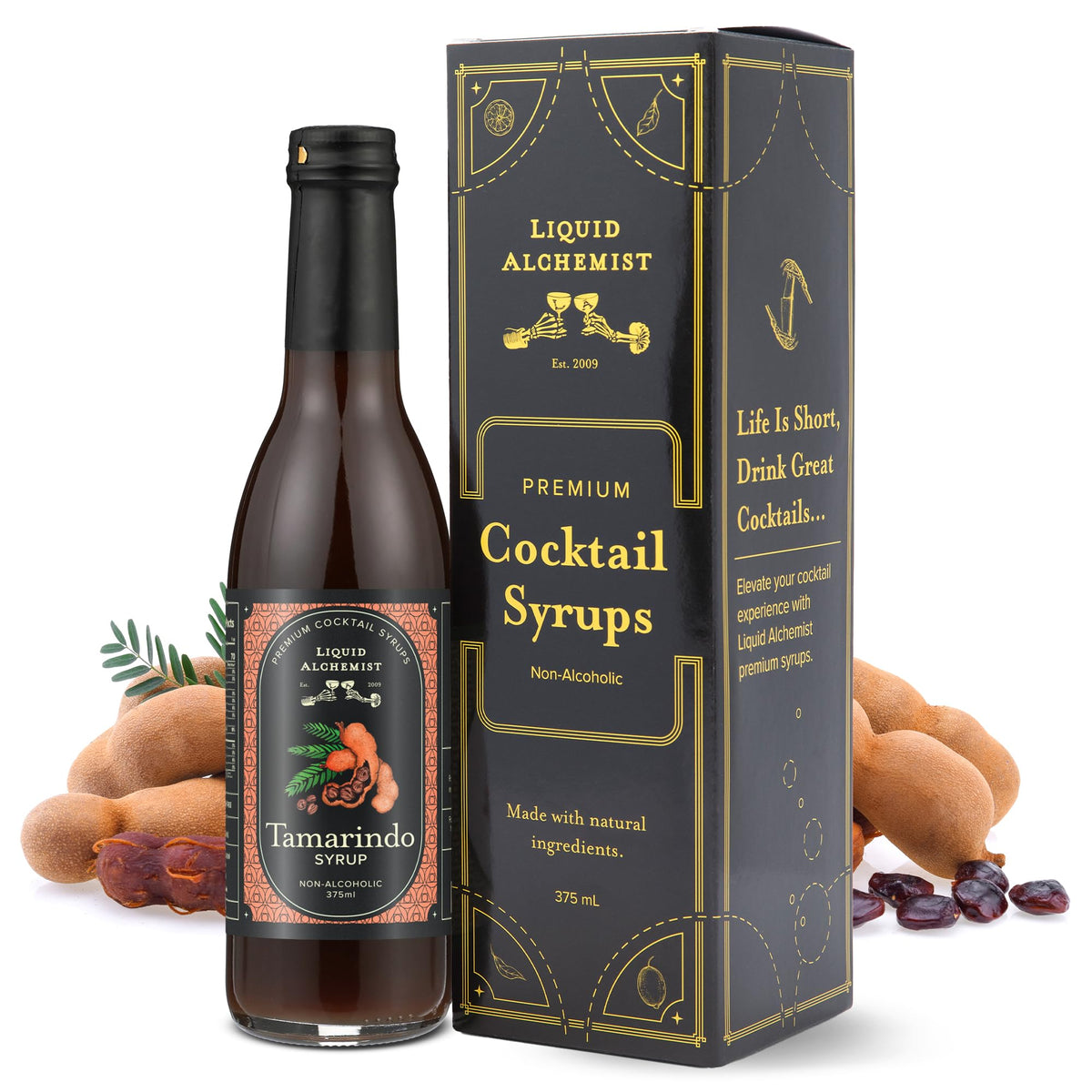 Liquid Alchemist Tamarind Syrup bottle closeup for vibrant cocktails and mocktails, brightening drinks