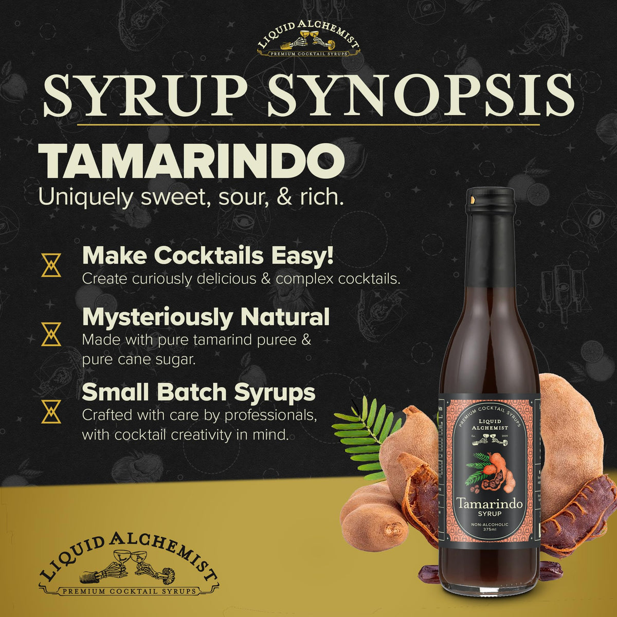 Liquid Alchemist Tamarind Syrup setup with cocktail essentials for quick mixing