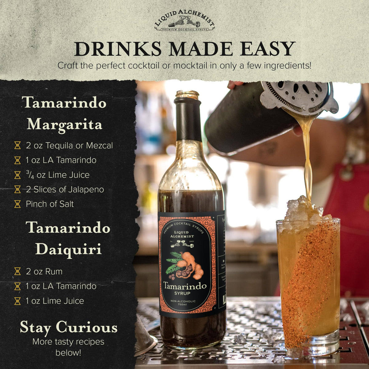 Liquid Alchemist Tamarind Syrup label details show real ingredients and vegan recipe.