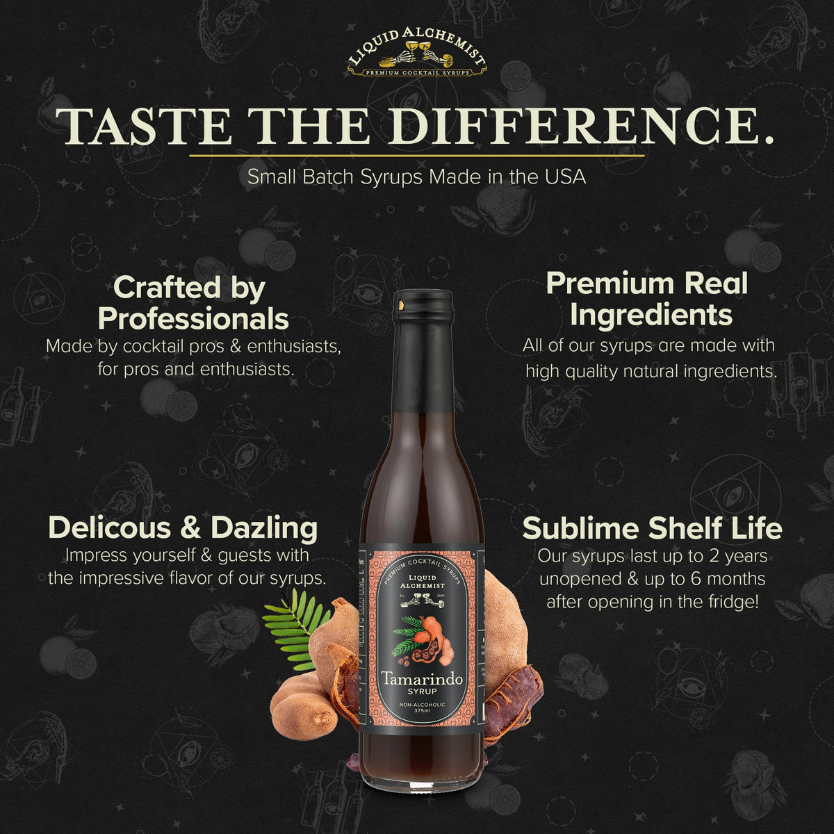 Liquid Alchemist Tamarind Syrup label detail highlights real ingredients and vegan clarity