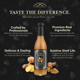 Liquid Alchemist Ginger Syrup bottle on shelf stays fresh up to a year.
