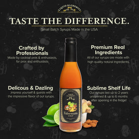 Liquid Alchemist Falernum Syrup displayed with tropical tiki cocktails lineup.