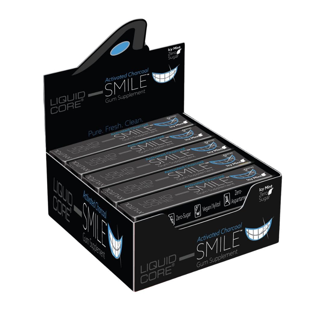Liquid Core SMILE activated charcoal gum pack for on-the-go freshness.