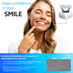 Liquid Core SMILE hydroxyapatite enriched gum for enamel-friendly feel.