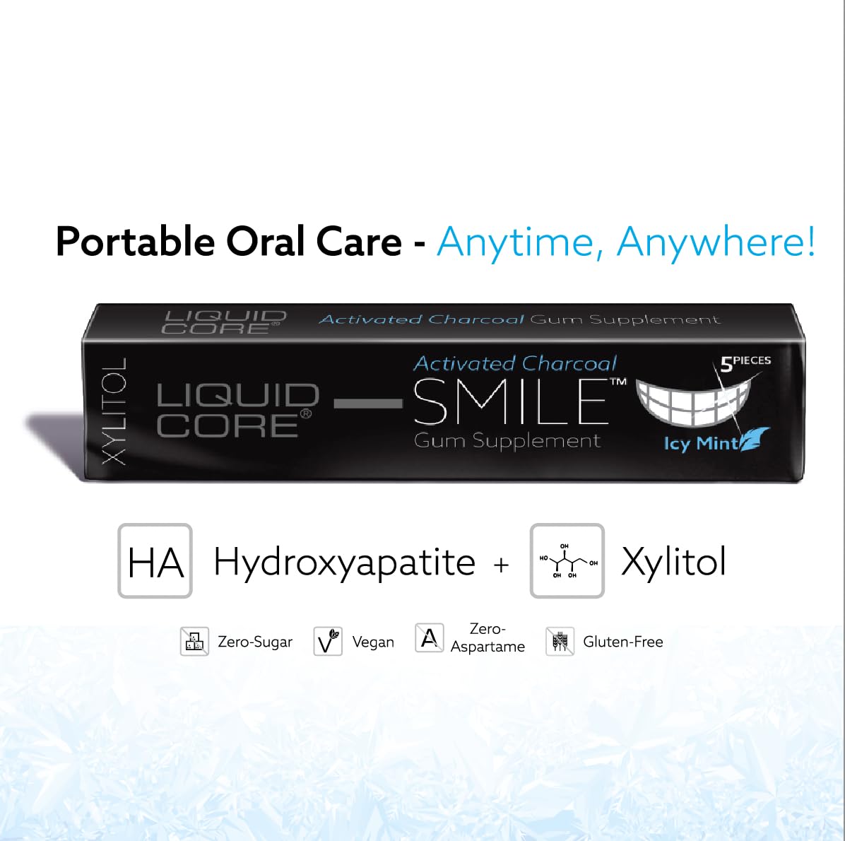 Liquid Core SMILE icy mint gum pieces delivering a brisk finish.