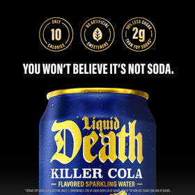 12-pack of Liquid Death Killer Cola cans displayed for easy stocking.