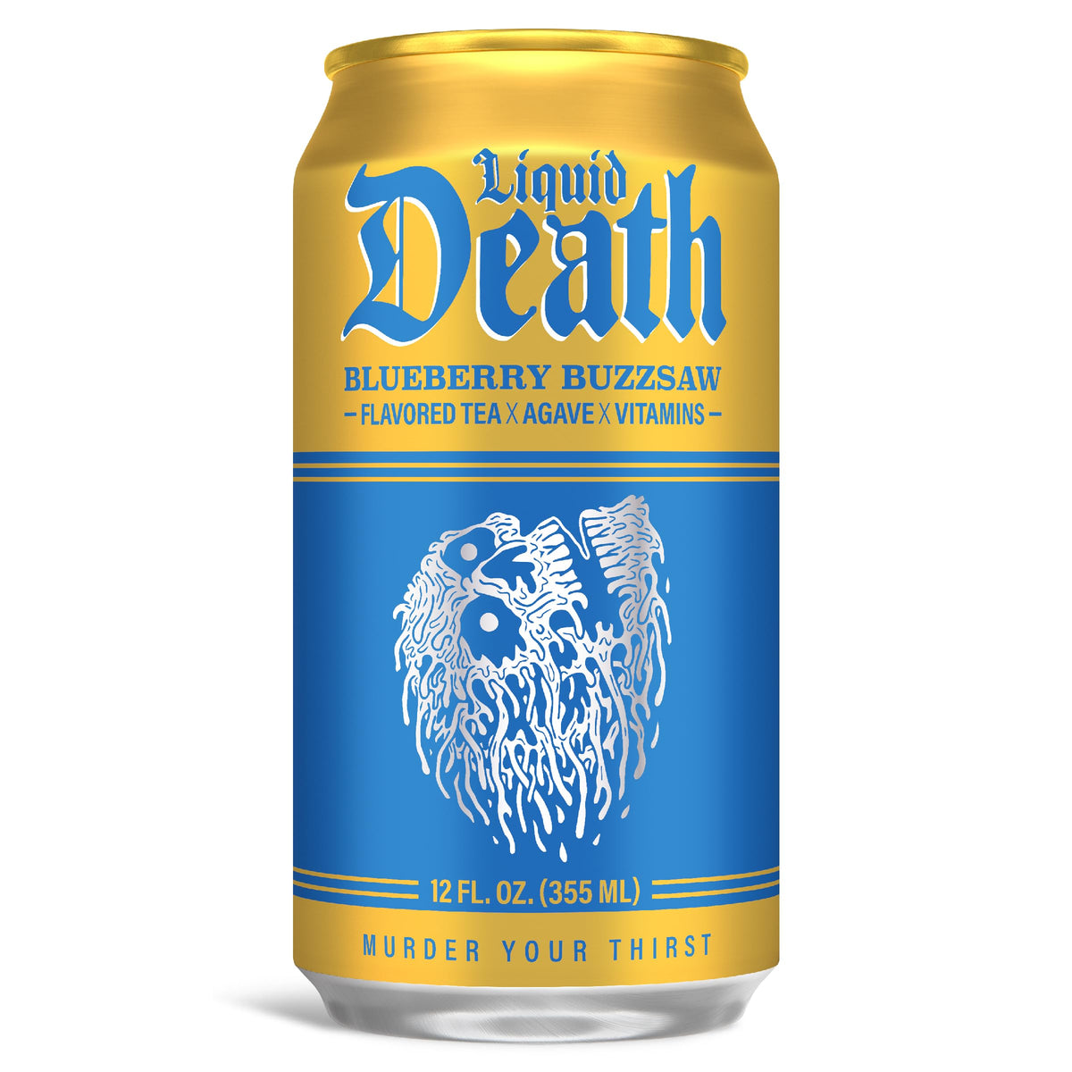 Liquid Death Blueberry Buzzsaw can pour—quick caffeine boost.