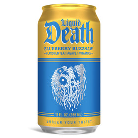 Liquid Death Blueberry Buzzsaw can pour—quick caffeine boost.