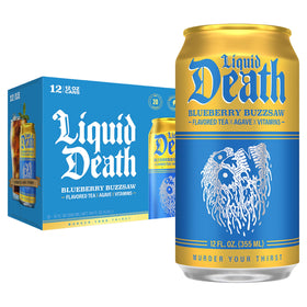 Liquid Death Blueberry Buzzsaw can—refreshing, low sugar option for on the go.