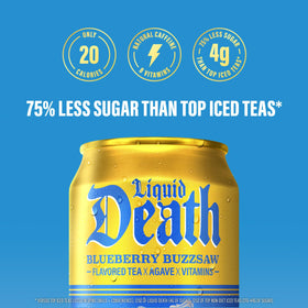 Liquid Death Blueberry Buzzsaw label detail—bold design and clear ingredients.