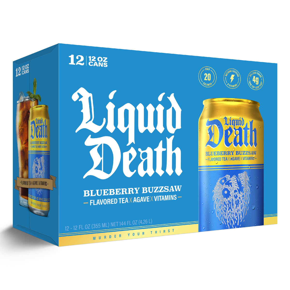 Liquid Death Blueberry Buzzsaw packaging—infinitely recyclable cans.