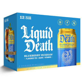 Liquid Death Blueberry Buzzsaw packaging—infinitely recyclable cans.
