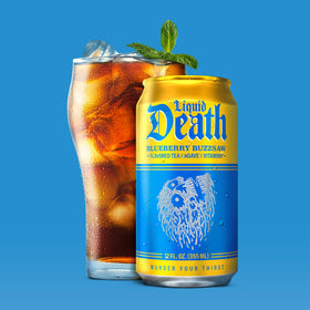 Liquid Death Blueberry Buzzsaw tea steeping—blueberry and pomegranate aroma.