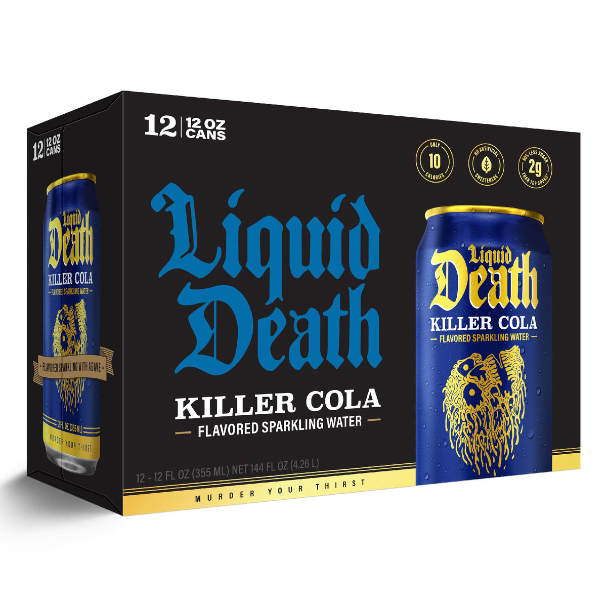 Cans on a store shelf showcasing bold Liquid Death branding.