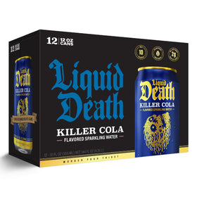 Cans on a store shelf showcasing bold Liquid Death branding.