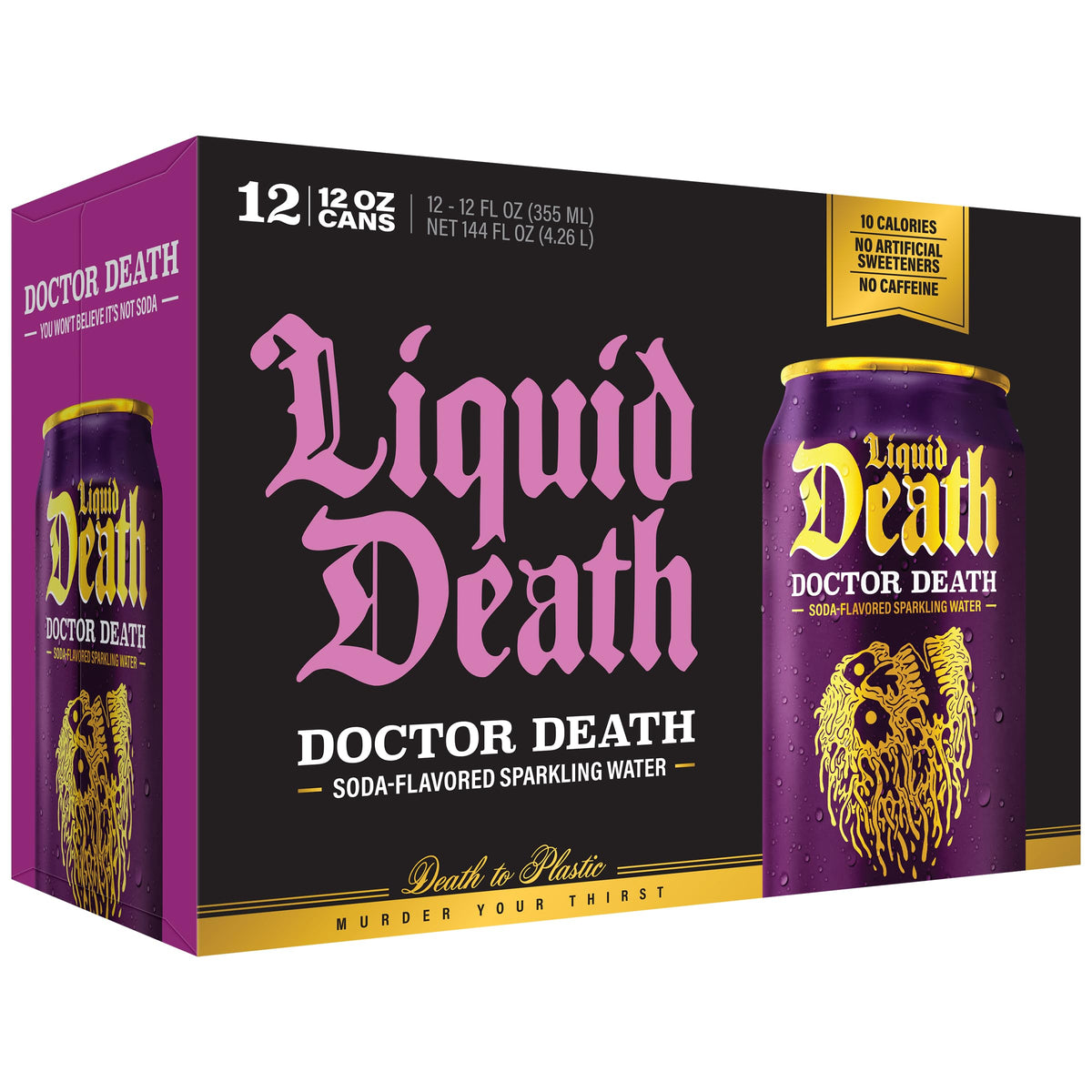 Liquid Death cans stacked against white background, illustrating infinitely recyclable packaging.