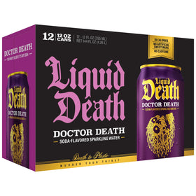 Liquid Death cans stacked against white background, illustrating infinitely recyclable packaging.