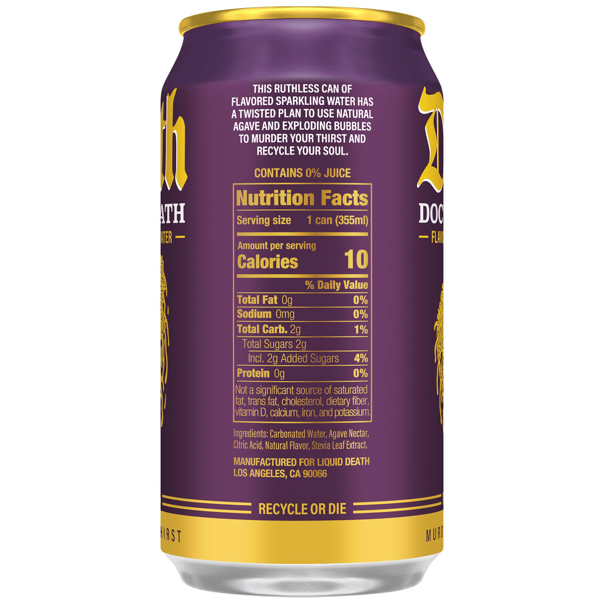 Liquid Death can with cherry imagery emphasizes soda-style taste without caffeine.