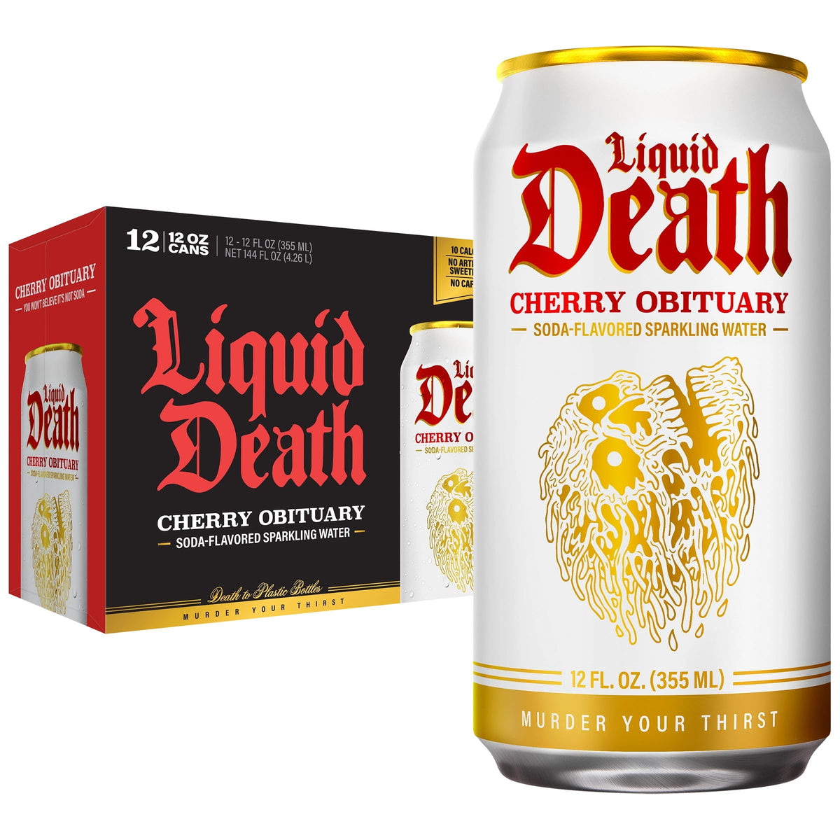 Liquid Death Cherry Obituary can front view showing bold branding and flavor promise.