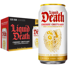 Liquid Death Cherry Obituary can front view showing bold branding and flavor promise.