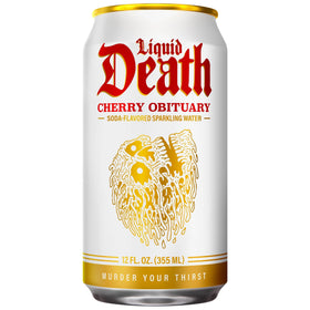 Liquid Death Cherry Obituary can side view highlighting sleek design and refreshment appeal.