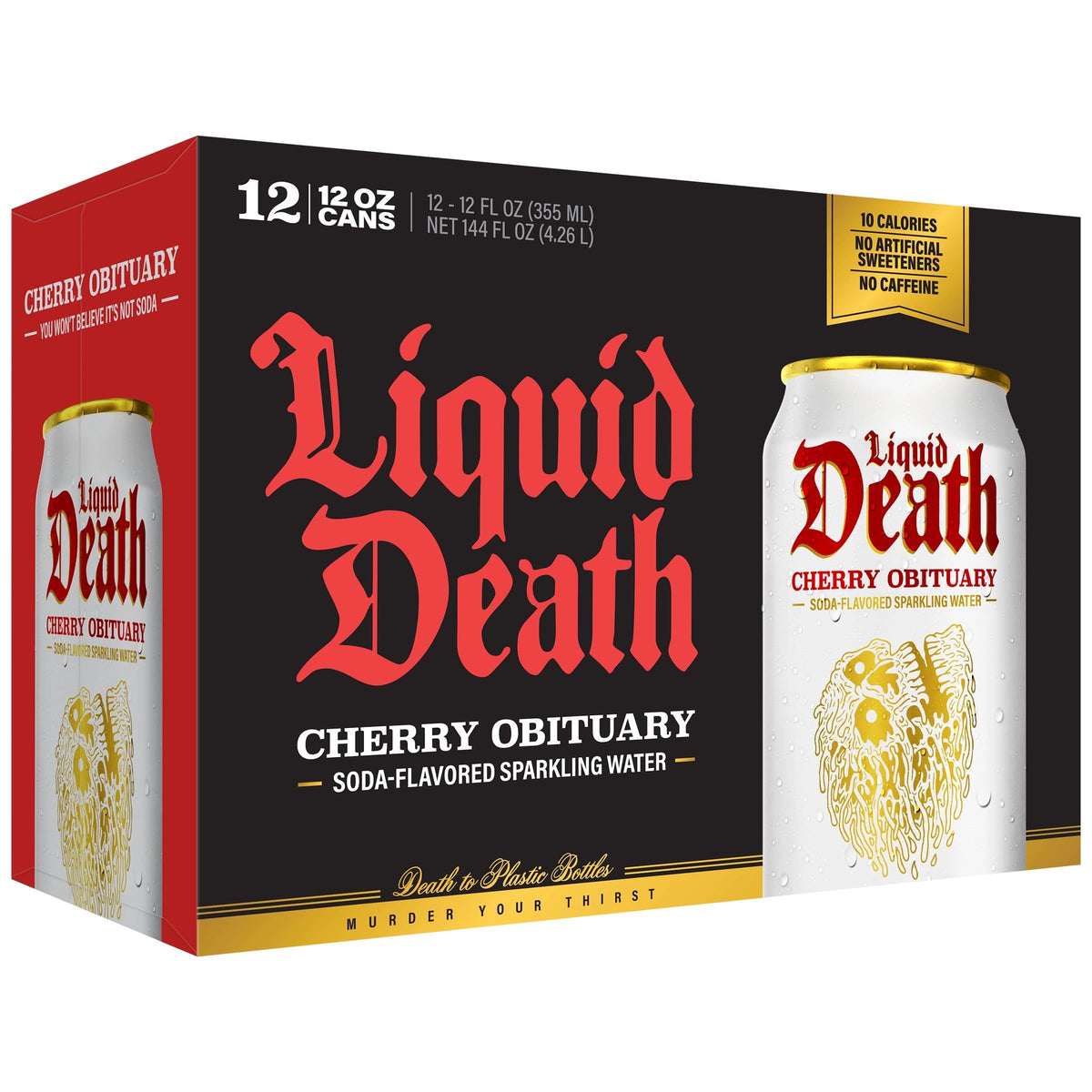 Liquid Death Cherry Obituary fizz close-up highlights vibrant bubbles and bold flavor.