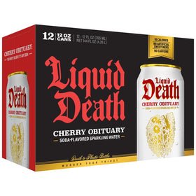 Liquid Death Cherry Obituary fizz close-up highlights vibrant bubbles and bold flavor.
