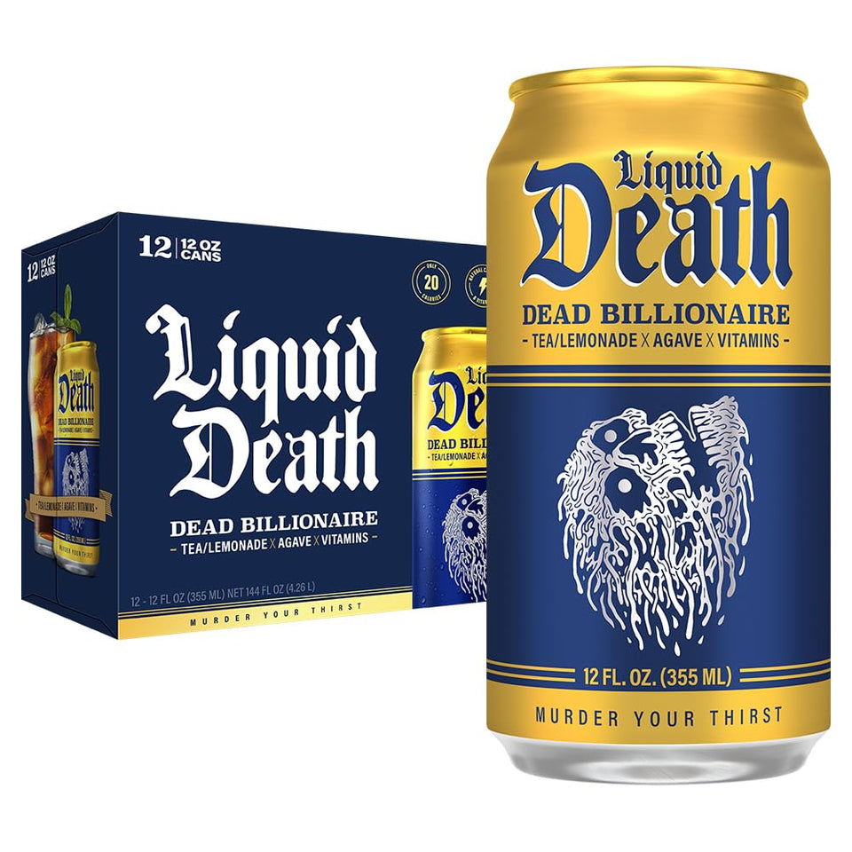 Liquid Death Dead Billionaire black tea lemonade can, crisp flavor with low sugar