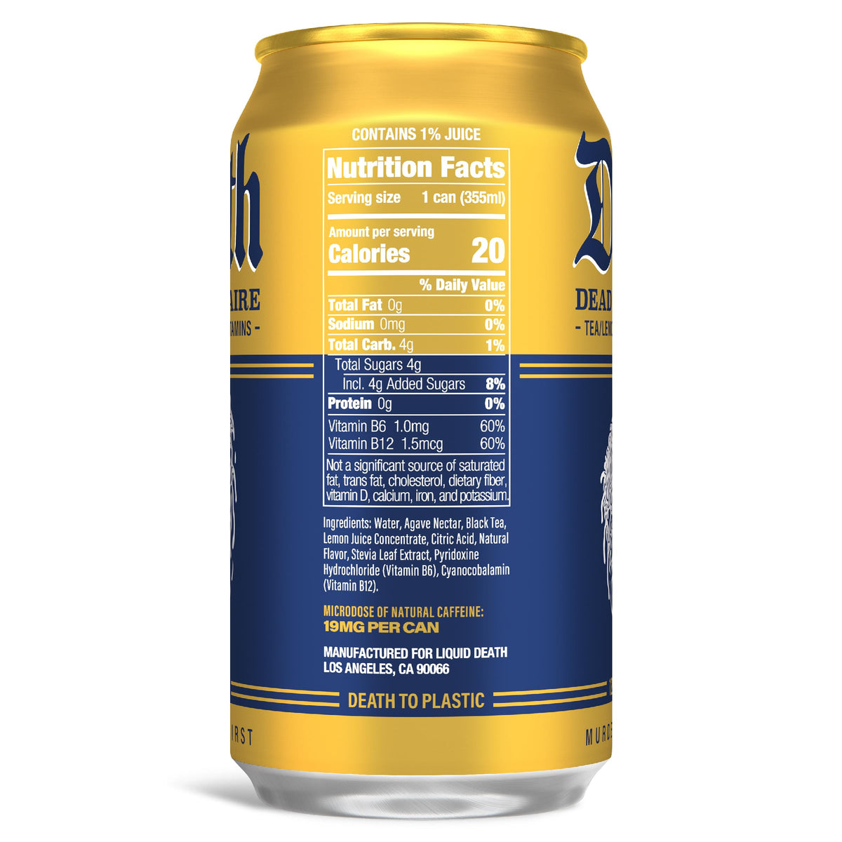 Liquid Death Dead Billionaire caffeine boost close-up highlighting energizing option