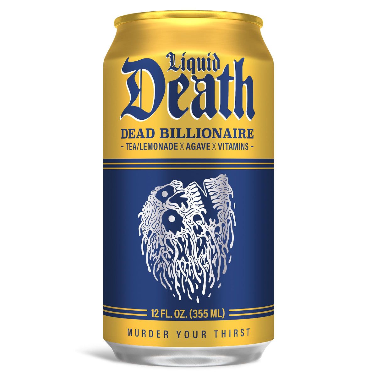 Liquid Death Dead Billionaire cold can on table for grab-and-go refreshment