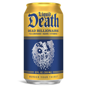 Liquid Death Dead Billionaire cold can on table for grab-and-go refreshment