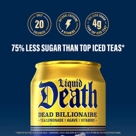 Liquid Death Dead Billionaire vitamins boost can signals daytime vitality support