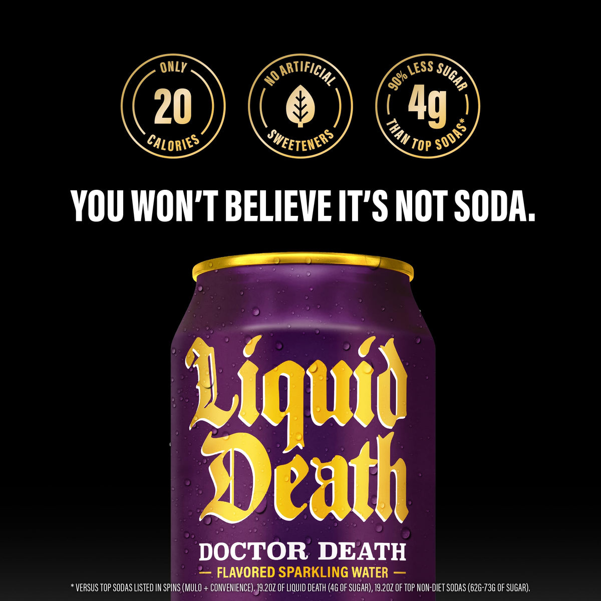 Liquid Death Doctor Death can on ice suggests refreshing, caffeine-free hydration.