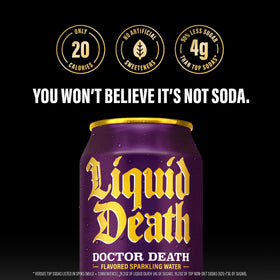 Liquid Death Doctor Death can on ice suggests refreshing, caffeine-free hydration.
