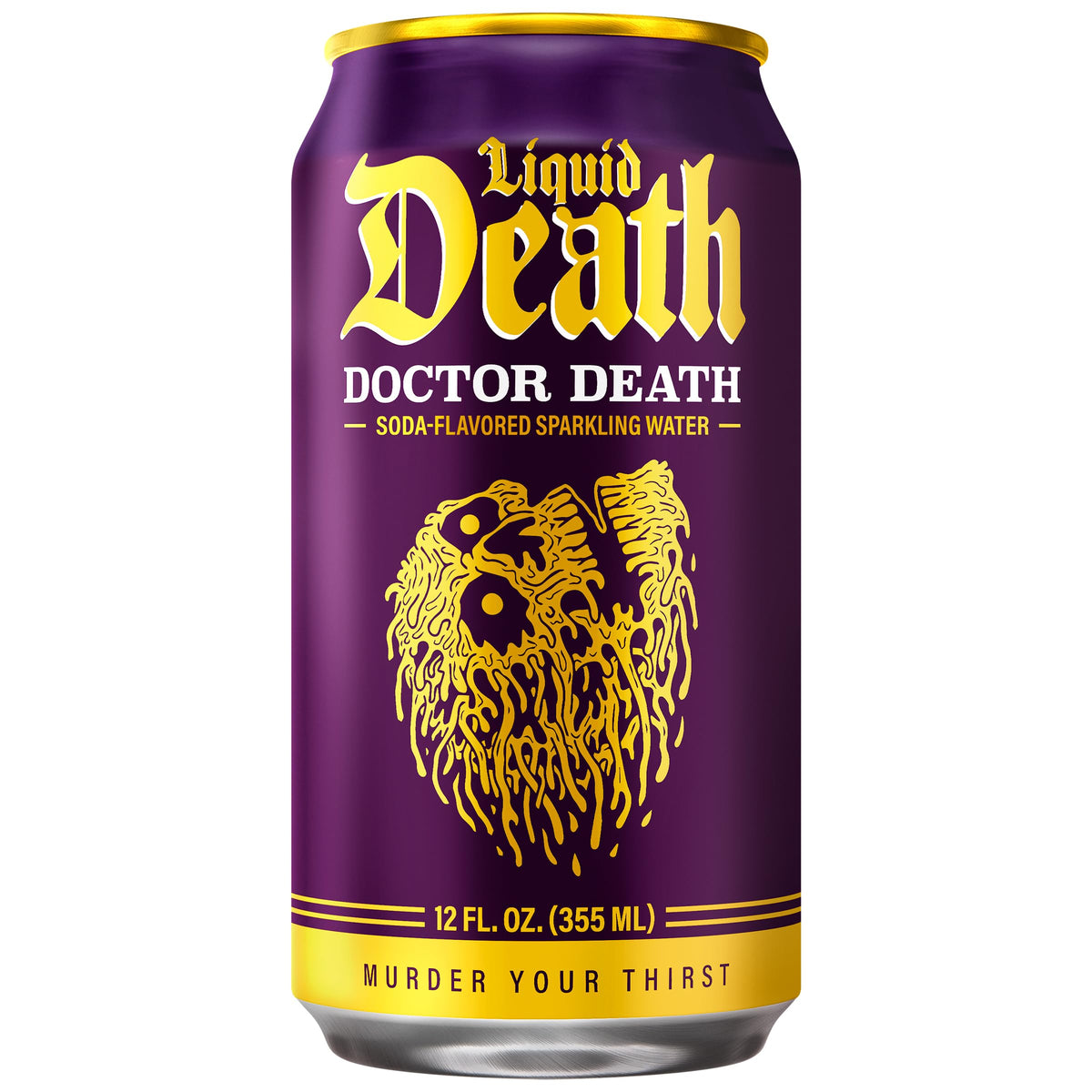 Liquid Death Doctor Death can pouring into glass showcases creamy vanilla spice flavor.