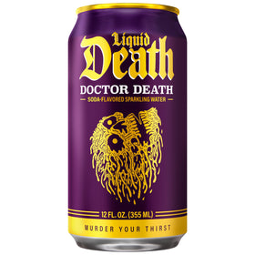 Liquid Death Doctor Death can pouring into glass showcases creamy vanilla spice flavor.