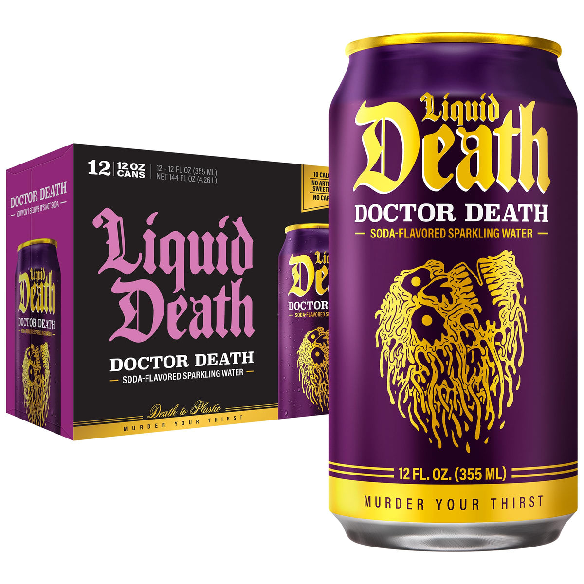 Liquid Death Doctor Death cherry can close-up highlights low sugar and big flavor.