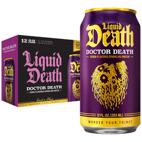 Liquid Death Doctor Death cherry can close-up highlights low sugar and big flavor.