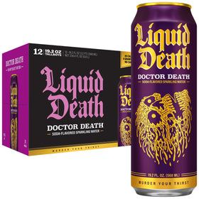 Liquid Death Doctor Death cherry-cream-spice can front shows bold flavor.
