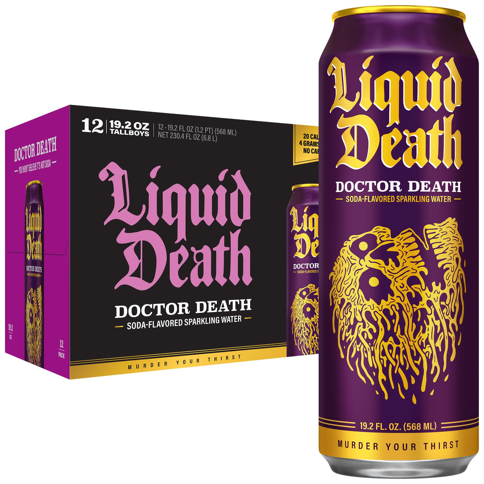 Liquid Death Doctor Death cherry-cream-spice can front shows bold flavor.
