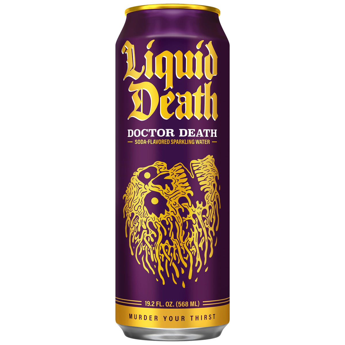 Liquid Death Doctor Death can being poured reveals fizz and aroma.