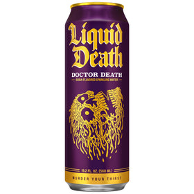 Liquid Death Doctor Death can being poured reveals fizz and aroma.