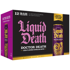 Liquid Death Doctor Death label-art emphasizes branding and flavor energy.