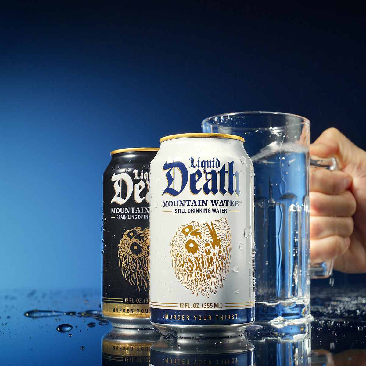 Liquid Death Donation symbol on pack supporting anti-plastic pollution efforts