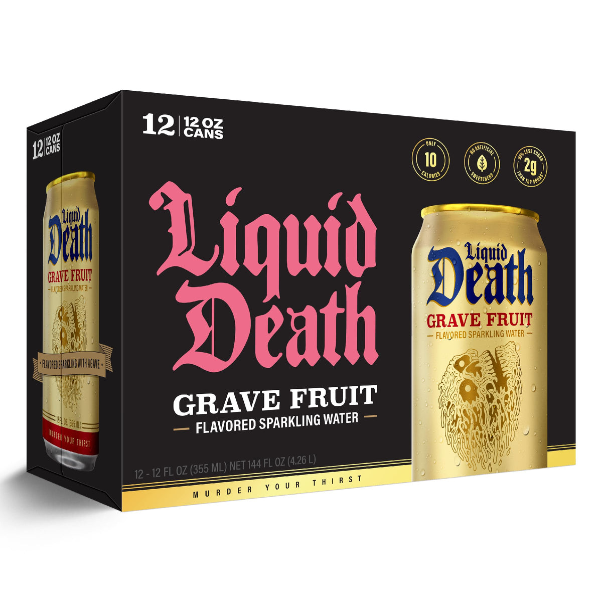 Liquid Death Grave Fruit label design with grapefruit imagery