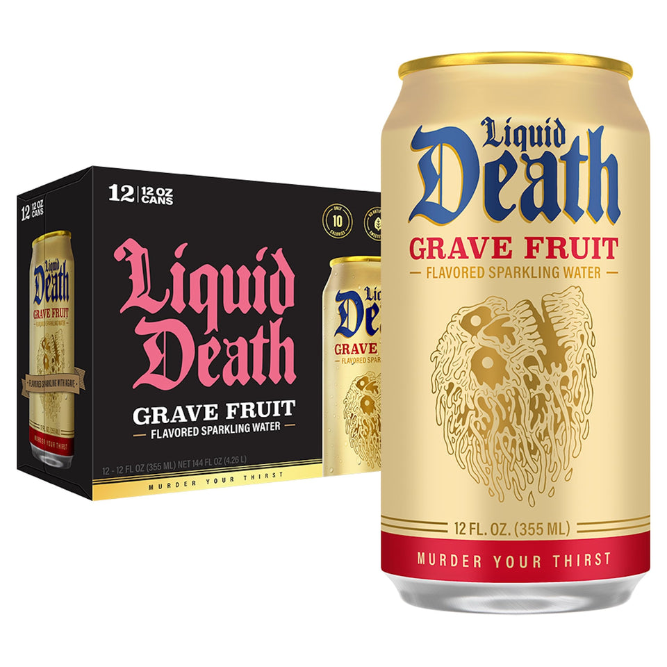 Liquid Death Grave Fruit can front view with bold grapefruit flavor